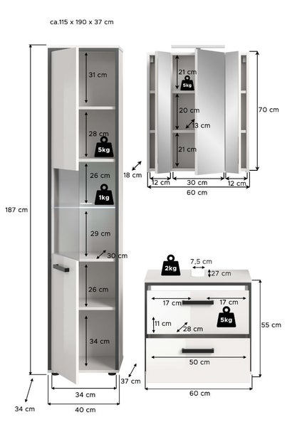 Maßzeichnung Badezimmermöbel-Set mit Hochschrank, Spiegelschrank und Waschbeckenunterschrank. Maße und Belastbarkeit in Zentimeter und Kilogramm.
