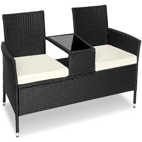 Gartenbank aus Polyrattan mit zwei Sitzplätzen, Sitzkissen und integriertem Tisch mit Glasplatte.