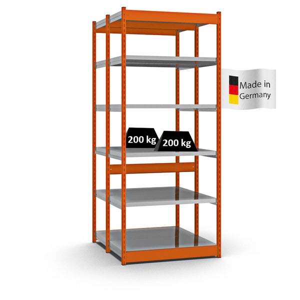 PROREGAL Fachbodenregal Stecksystem Vierkant-Profil Grundregal HxBxT 250 x 102,5 x 50 cm 2x6 Ebenen Doppelseitige Bauart Fachlast 200 kg Orange