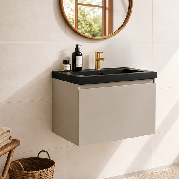 Wandhängender Waschtisch mit schwarzem Waschbecken und Armatur in Messingoptik vor einer hellen Fliesenwand mit rundem Spiegel.