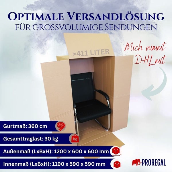 PROREGAL 3x Versandkarton 2-wellig LxBxH 1200 x 600 x 600 mm Mit Höhenriller & Belastbar bis 30 kg Faltkarton Karton Paket für Versand mit DHL