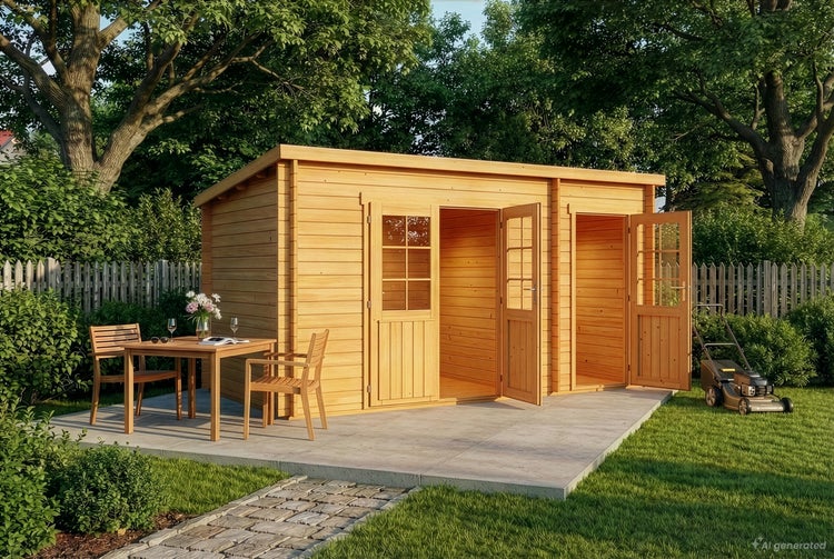 Gartenhaus aus Holz mit zwei Türen, auf einer Terrasse im Garten platziert, daneben ein Gartentisch mit zwei Stühlen und ein Rasenmäher.