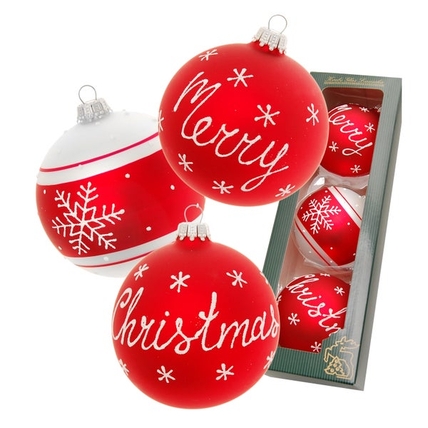 Scandic Xmas Merry Christmas, 3-er Set, 2 Merry & Christmas, 1 Schneeflocke, rot matt/weiß matt, 8cm, 3 Stck., Weihnachtsbaumkugeln, Christbaumschmuck, Weihnachtsbaumanhänger