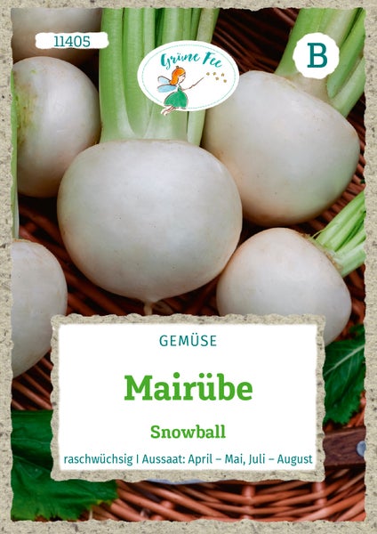 Samentüte für Mairübe Snowball, Grüne Fee Logo, mit runden weißen Rüben und grünem Blattansatz in einem Weidenkorb.