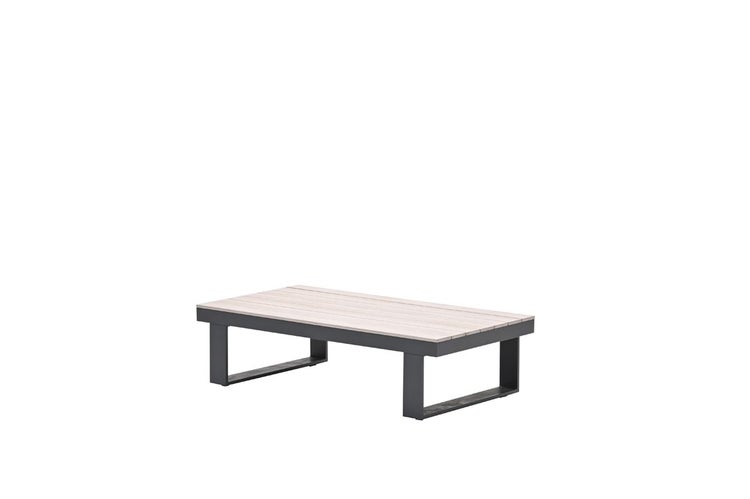 Gartentisch, Loungetisch mit hellen Holzlamellen und dunkelgrauem Metallgestell.