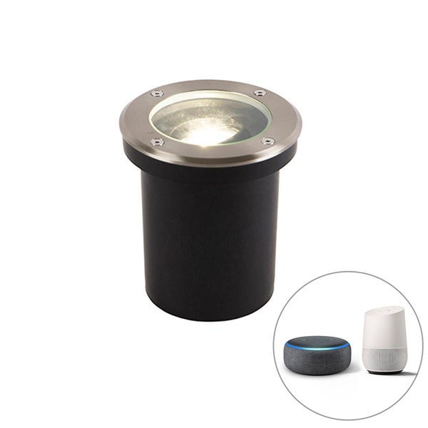LED Bodeneinbaustrahler mit rundem Edelstahlring und Glasabdeckung, kompatibel mit Smart Home Sprachassistenten.