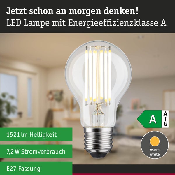 LED Filament Lampe mit E27 Fassung, Energieeffizienzklasse A, 1521 Lumen Helligkeit, 7,2 Watt Stromverbrauch und Lichtfarbe Warmweiß.