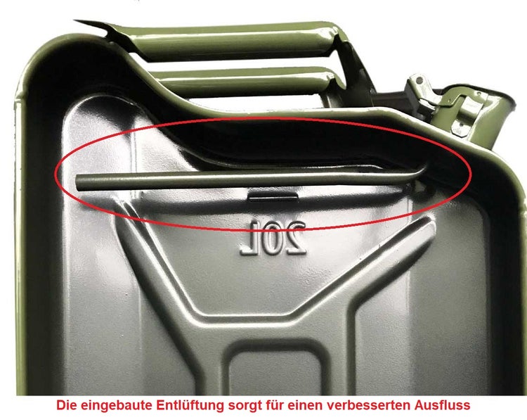 Kraftstoffkanister aus Metall mit integriertem Entlüftungsrohr für verbesserten Ausfluss, Füllmenge 20 Liter