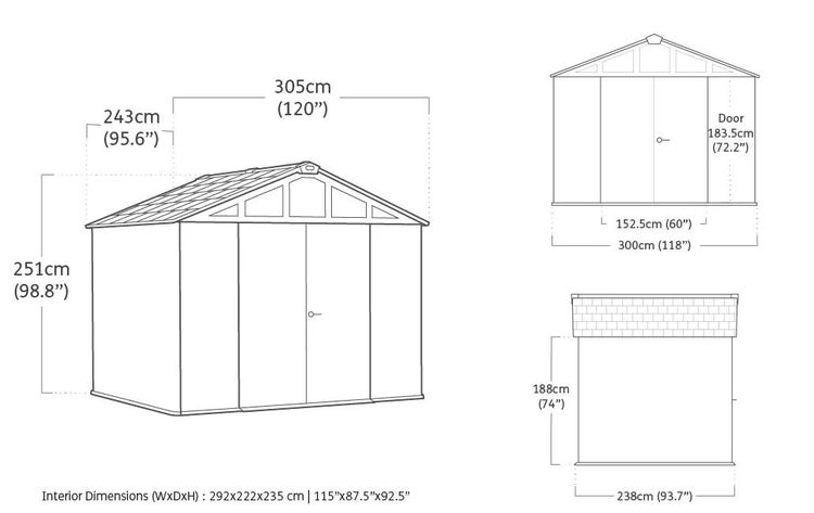 Maßzeichnung eines Gartenhauses mit Satteldach und Doppeltür. Außenmaße betragen circa 305 mal 243 mal 251 Zentimeter.