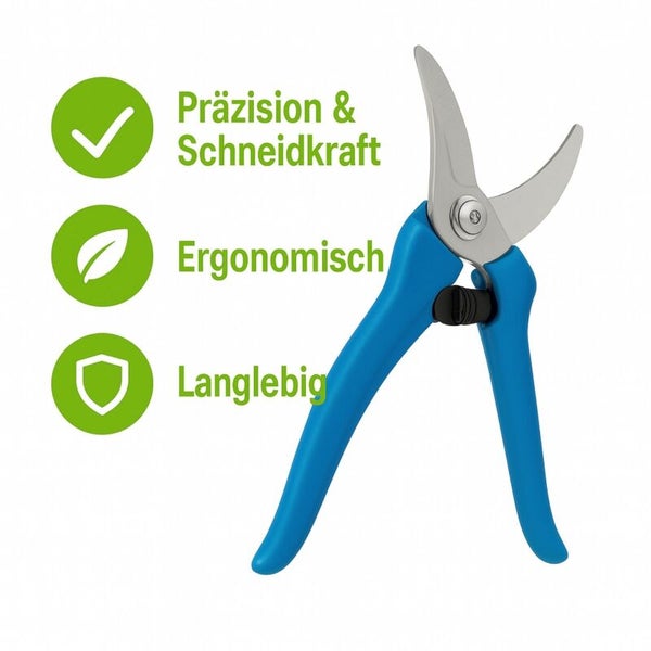 Gartenschere mit Hinweisen auf Präzision, Ergonomie und Langlebigkeit
