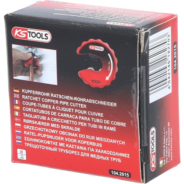 KS Tools Logo auf der Verpackung eines Kupferrohr Ratschen-Rohrabschneiders