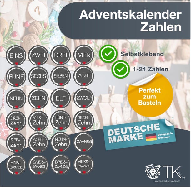 Adventskalender Zahlen von 1 bis 24 selbstklebend