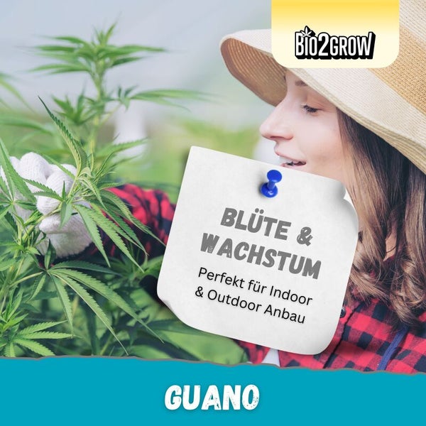 Frau mit Pflanzen, Notiz mit der Aufschrift Blüte und Wachstum, Bio2Grow Logo