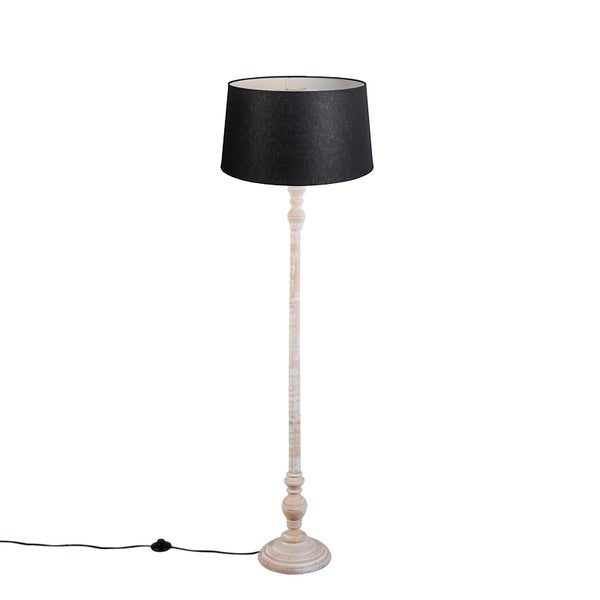 QAZQA - Klassisch I Antik Landhaus Stehlampe beige mit schwarzem Leinenschirm - Classico I Wohnzimmer I Schlafzimmer - Holz Zylinder I Länglich - LED geeignet E27