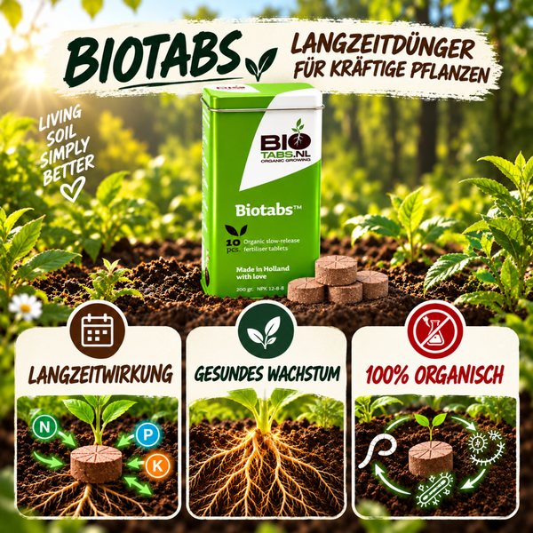 Biotabs Langzeitdünger für Pflanzen in Tablettenform mit organischer NPK Zusammensetzung zur Nährstoffversorgung im Garten oder Zimmer.