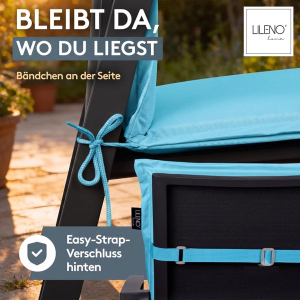 Lileno Home Gartenliegenauflage mit Befestigungsbändern an der Seite und verstellbarem Halteband an der Rückseite für sicheren Halt.