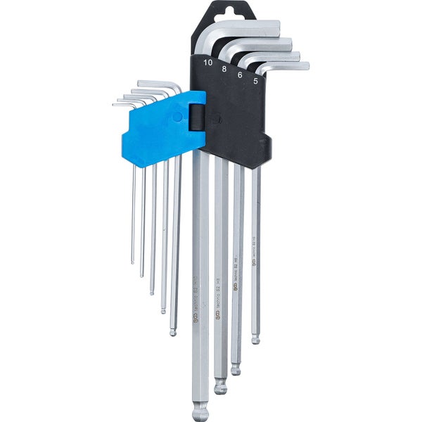 Neunteiliger Winkelschlüsselsatz mit Kugelkopf von BGS technic aus Chrom-Vanadium-Stahl, Größen 1,5 bis 10 Millimeter, in einem Halter.