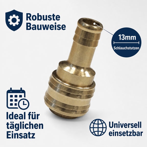 Messing Schlauchverbinder mit 13 Millimeter Schlauchstutzen für robuste und universelle Bewässerungstechnik im täglichen Einsatz.