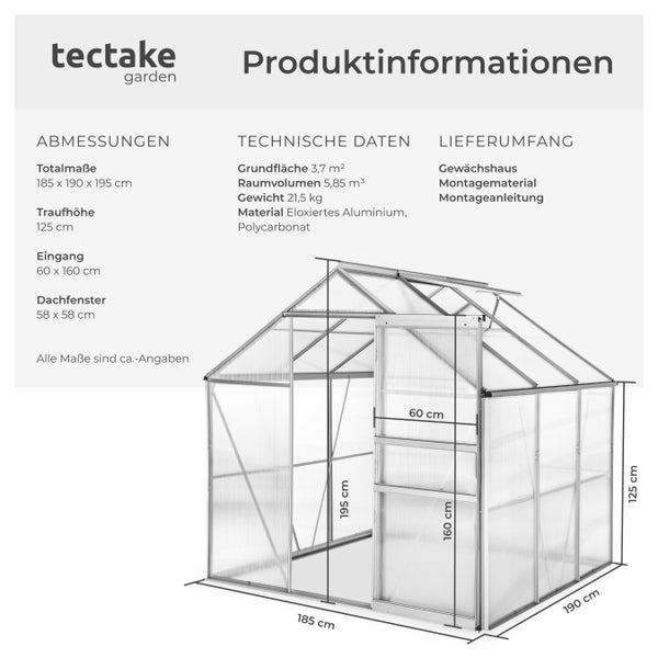 Produktinformationen zum Gewächshaus mit Maßangaben von Tectake