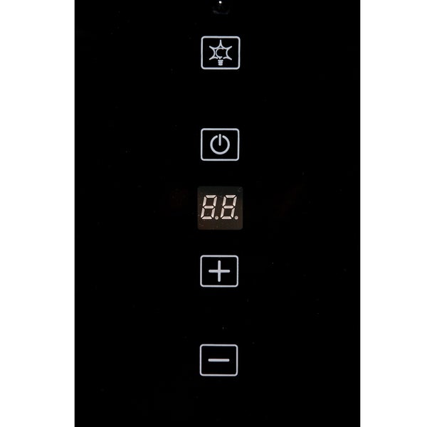 Digitales Bedienfeld einer Dunstabzugshaube mit Tasten für Licht, Ein Aus sowie Plus und Minus zur Leistungsregelung.