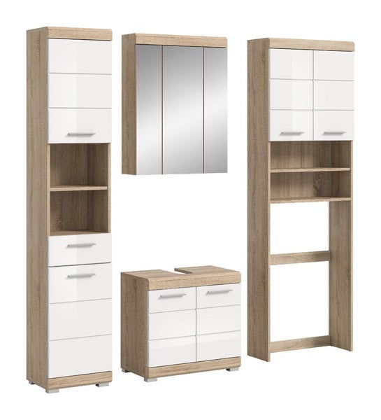 4-teiliges Badezimmermöbel-Set in Eichenoptik mit weißen Fronten, bestehend aus Hochschrank, Spiegelschrank, Waschbeckenunterschrank und Regal.