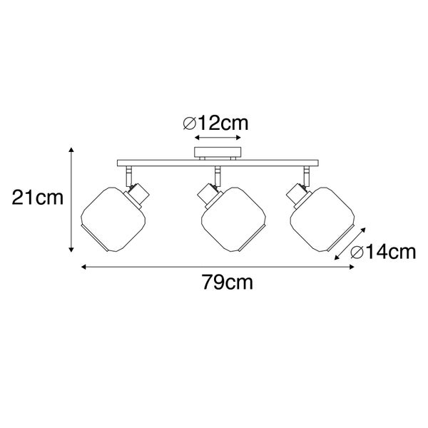 Technische Zeichnung einer Deckenleuchte mit drei Strahlern und Maßangaben.