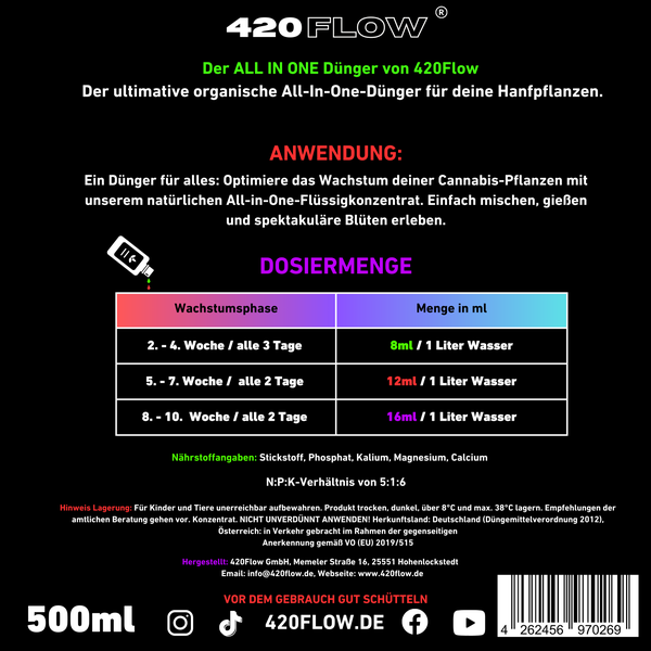 420Flow organischer All-in-One-Dünger für Hanfpflanzen mit Dosiertabelle und Anwendungshinweisen, Inhalt 500 Milliliter.