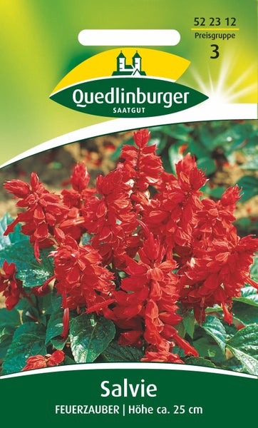 Samentüte für Quedlinburger Saatgut Salvie Feuerzauber mit roten Blüten, Wuchshöhe circa 25 Zentimeter. Quedlinburger Saatgut Logo.