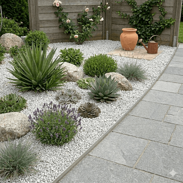 Gartengestaltung mit Kiesbeet, Sukkulenten, Agaven, Lavendel, Natursteinen und Pflasterweg vor einer Holzsichtschutzwand.