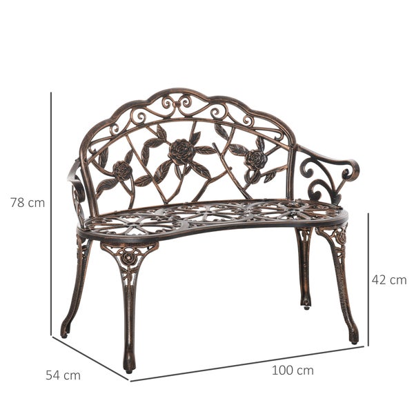 Gartenbank aus Aluminiumguss mit Rosen-Design und Maßen: Breite 100 Zentimeter, Höhe 78 Zentimeter, Tiefe 54 Zentimeter.