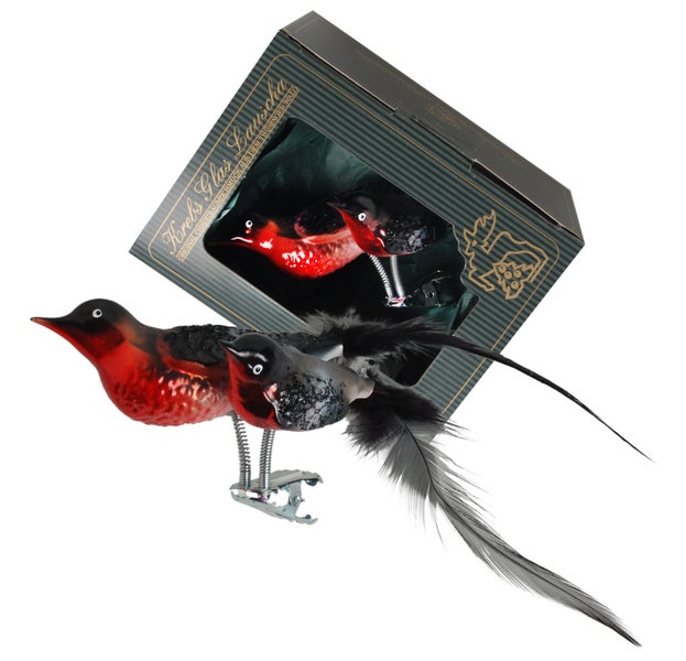 Natürlich dekorierte 9cm Doppelvögel aus Glas - Dompfaff - auf Clip mit 5 und 6cm Federschwanz mundgeblasen und aufwendig handdekoriert, 1 Stck.