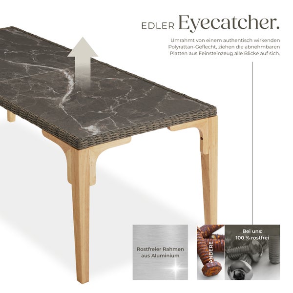 Esstisch mit Poly Rattan Geflecht und abnehmbaren Feinsteinzeugplatten