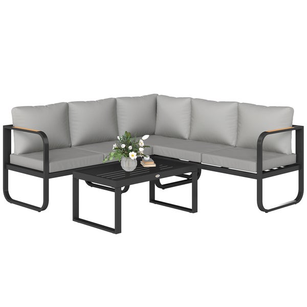 Outsunny 3-teiliges Gartenmöbel-Set – L-förmiges Sofa, Sessel & Couchtisch, Aluminiumgrau, Mit Kissen