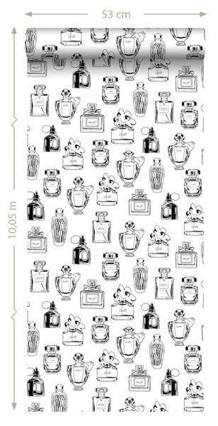 Tapete mit Parfümflaschenmuster, Rollenlänge 10,05 Meter, Rollenbreite 53 Zentimeter