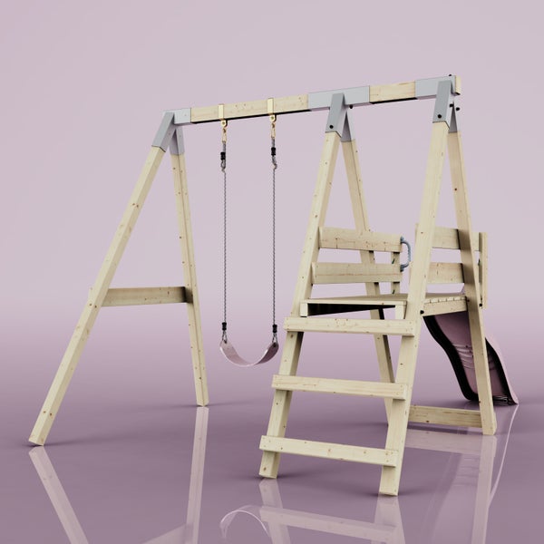 Schaukelgestell aus hellem Holz mit Einzelschaukel, Kletterleiter, Podest und Rutsche.