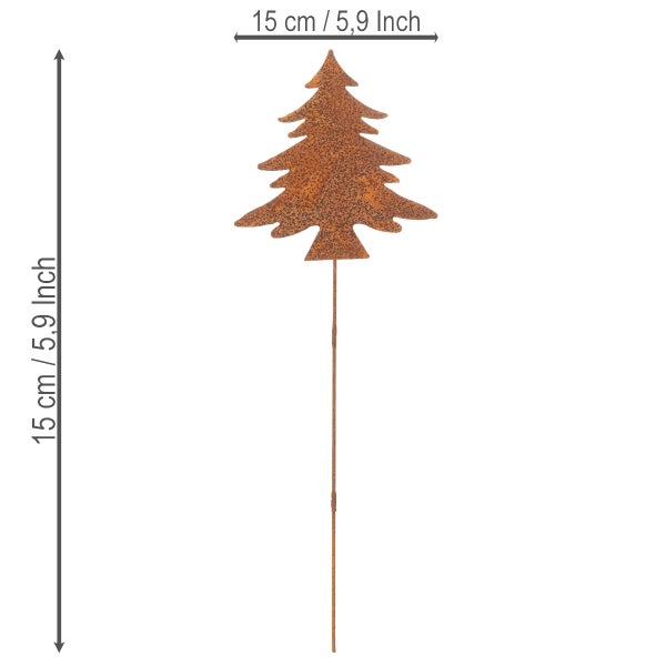 Pflanzenstecker Tannenbaum aus Metall in Rostoptik, Motiv 15 mal 15 Zentimeter.