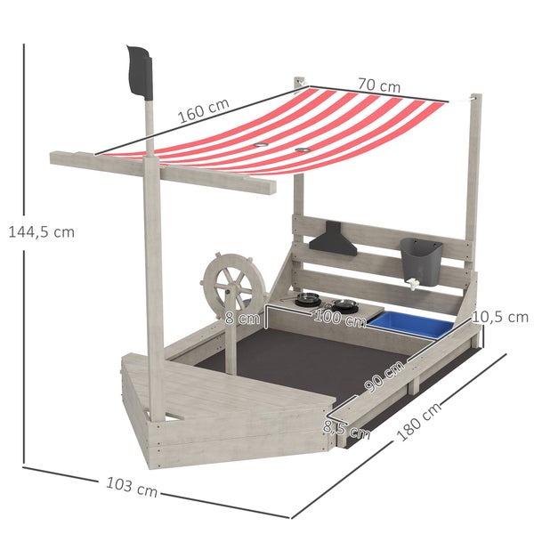 Sandkasten in Form eines Piratenschiffs mit Markise und Spielküche, Maße eingezeichnet