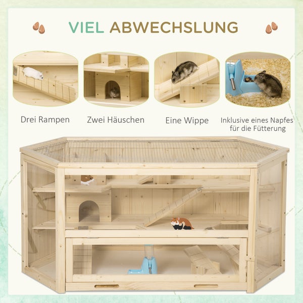 Holzhamsterkäfig mit drei Rampen, zwei Häusern, einer Wippe und einem Futterbehälter