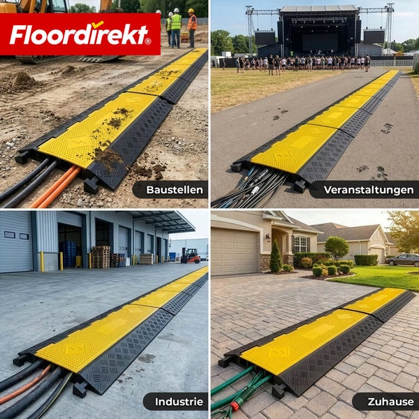 Floordirekt Logo. Kabelbrücke im Einsatz auf Baustellen, bei Veranstaltungen, in der Industrie und zu Hause zum Schutz von Leitungen und Schläuchen.