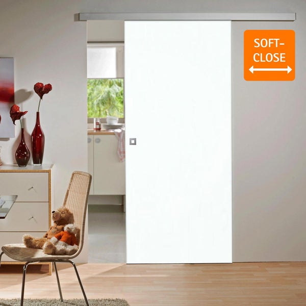 Tür Schiebetür Komplettset Holz weiß 775x2035 Zimmertür Holztür Schiebetürsystem -  Quadratgriff+2seitiger Softclose