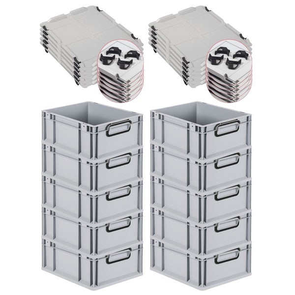 PROREGAL SuperSparSet 10x Eurobox NextGen Color mit Auflagedeckel und Schiebeschnappverschlüsse, HxBxT 17x30x40cm, 16 Liter, Grau, Griffe schwarz geschlossen, Eurobehälter, Transportbox, Transportbehälter, Stapelbehälter