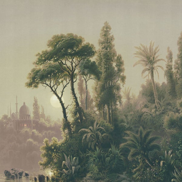 Illustration einer Landschaft mit Bäumen und einem Gebäude im Hintergrund