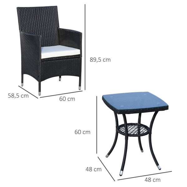 Outsunny 3-tlg. Gartenmöbel-Set, B60 x T58,5 x H89,5 cm, Metall, PE-Rattan, Polyester, Schaumstoff, schwarz