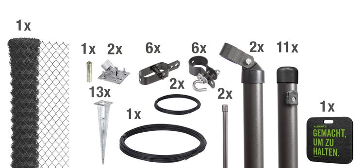 Set mit Maschendrahtzaun, Zaunpfosten, Bodenankern, Spanndraht und Befestigungsmaterial von Alberts