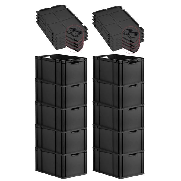 PROREGAL SuperSparSet 10x Eurobox NextGen Grip mit Scharnierdeckel und schwarzen Schiebeschnappverschlüssen, HxBxT 32x40x60cm, 65 Liter, Schwarz, Griffe offen, Verstärkter Boden, Eurobehälter, Transportbox, Transportbehälter, Stapelbehälter