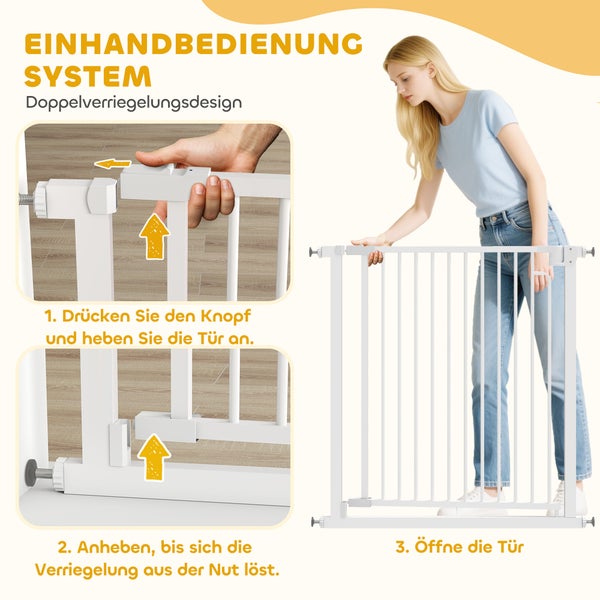 Darstellung der Einhandbedienung und Doppelverriegelung eines Metallschutzgitters in drei Schritten.