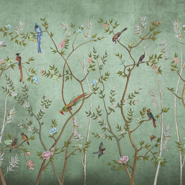 Tapete mit Vogel-, Blumen- und Baummotiv