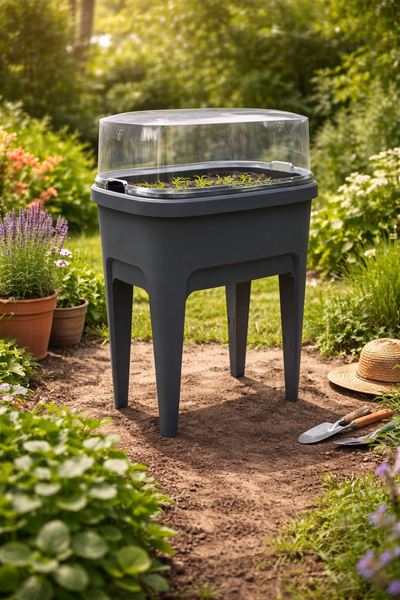 Hochbeet mit transparenter Abdeckung im Garten