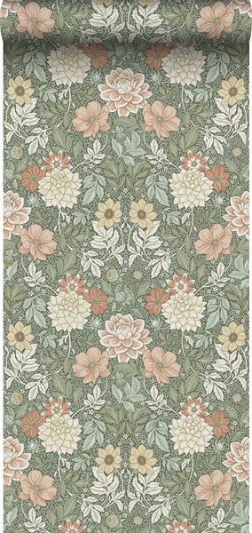 Borastapeter Tapete Blumenmuster im Jugendstil Grün und Rosa - 53 cm x 10.05 m - 660376