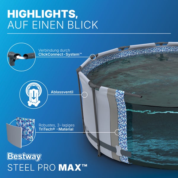 Bestway Steel Pro MAX Pool mit ClickConnect-System, Ablassventil und robustem dreilagigem TriTech-Material. Bestway Logo.